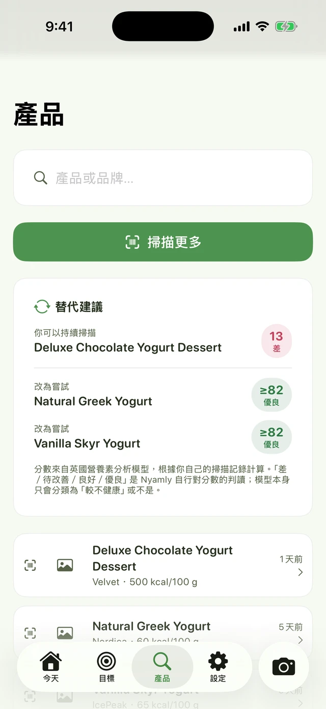 「產品」分頁：替代建議提示你持續掃描「Deluxe Chocolate Yogurt Dessert」，評分 13 分「差」，建議改試評分 ≥82 分「優秀」的「Natural Greek Yogurt」或「Vanilla Skyr Yogurt」；下方為掃描紀錄。