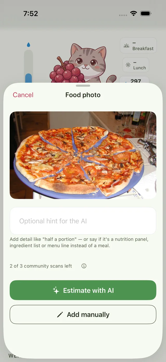 Fiche photo de repas avec une pizza, un champ d'indice facultatif, la note « encore 2 scans communautaires sur 3 » et un bouton « Estimer avec l'IA ».