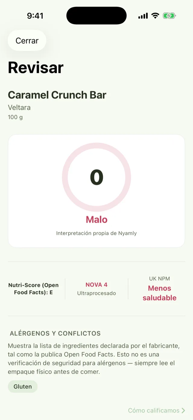 Pantalla de Verificar para un producto ficticio llamado "Caramel Crunch Bar": puntuación 0, calificado Malo; Nutri-Score (Open Food Facts) mostrado como texto simple, "E", sin insignia de color; NOVA 4 ultraprocesado; perfil nutricional del Reino Unido: Menos saludable.