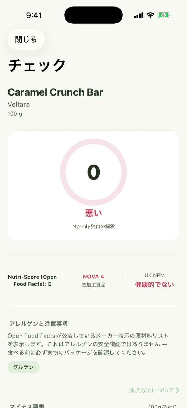 「Caramel Crunch Bar」という架空の製品のチェック画面：スコア0、「悪い」と評価。Nutri-Score（Open Food Facts）は色付きバッジではなく普通のテキストで「E」と表示。NOVA 4（超加工食品）。UK栄養プロファイル：健康的でない。