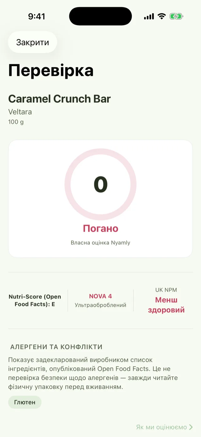 Екран перевірки вигаданого продукту «Caramel Crunch Bar»: бал 0, оцінка «Погано»; Nutri-Score (Open Food Facts) показано звичайним текстом «E», без кольорового значка; NOVA 4, ультраоброблений; UK NPM: Менш здоровий.
