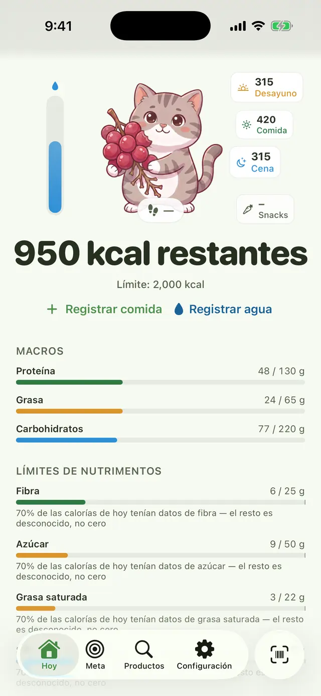 Pantalla de hoy: 950 kcal restantes de un límite de 2.000 kcal, comidas por desayuno, comida y cena, barras de macros debajo.