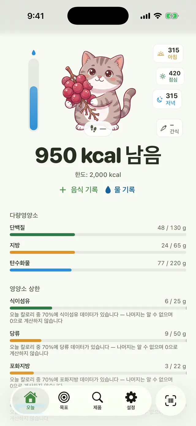 오늘 화면: 2,000kcal 한도 중 950kcal 남음, 아침·점심·저녁으로 구분된 식사, 아래에 매크로 막대그래프.